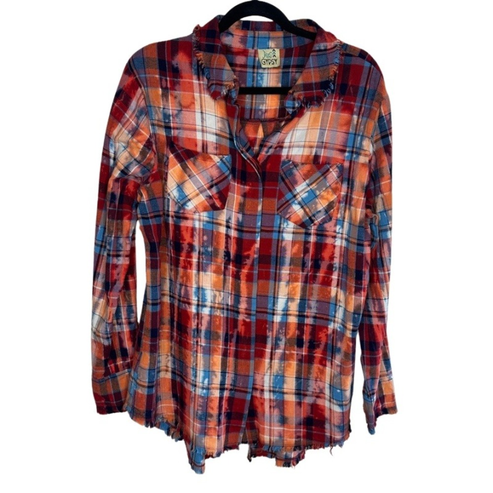 Jaded‎ Gypsy Crisp Morning Air Flannel Red Blue Bleached Plaid Shirt S/M